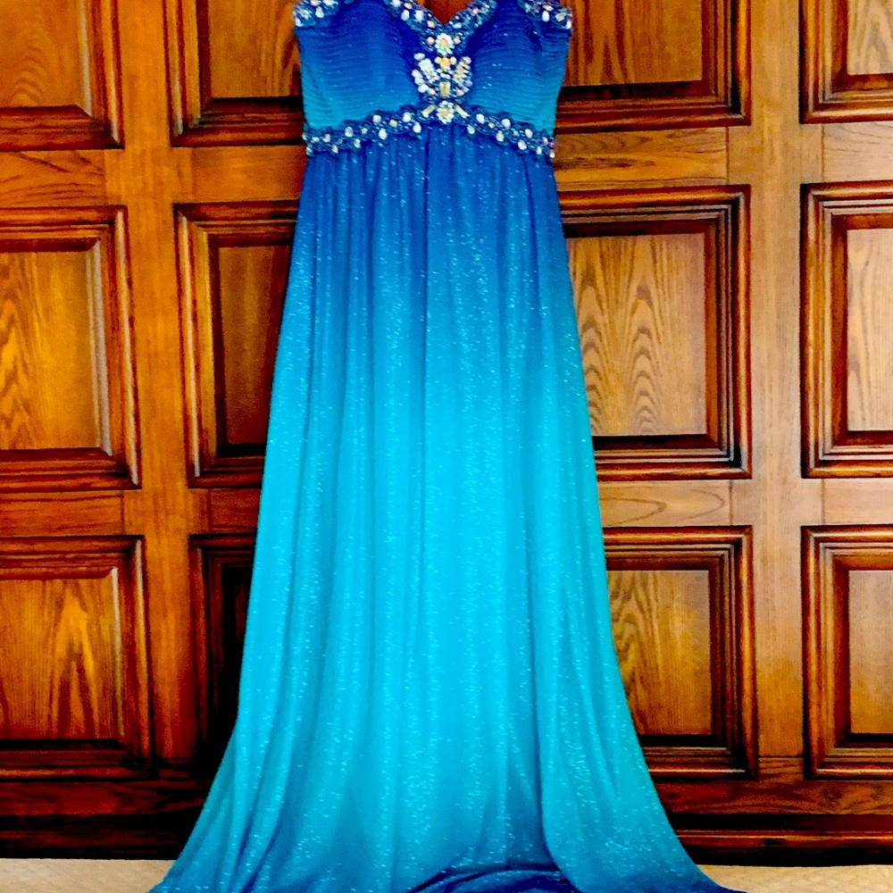 Blue Teal fade Glitter Gown with Ornament